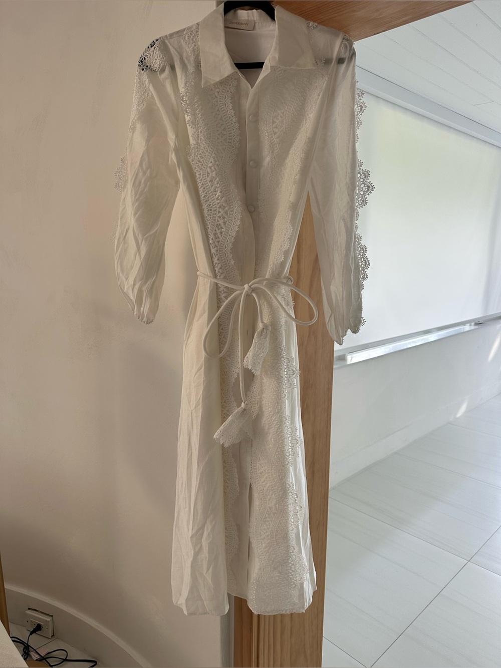 White Lace-Trim Long Button-Down Dress - Picture 8 of 10